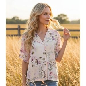 Alex & Lili Boxy Top Womens Pink Floral Cottage Boho 80s 90s Retro Flowy Size L